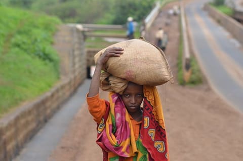 Boy carrying kilograms of grains to market