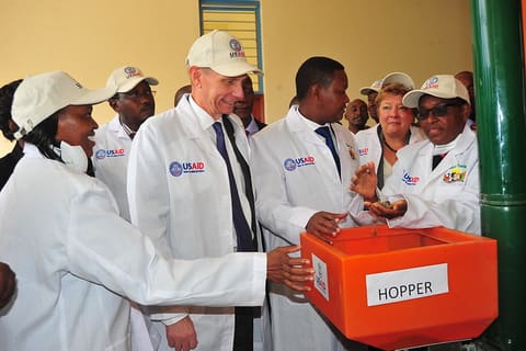 L-R: USAID-KAVES dairy technical director Joyce Mutua, H.E. U.S. Ambassador to Kenya, Robert Godec, H.E. Governor Alfred Mutua, and USAID Mission Director in Kenya, Karen Freeman, during the launch of the LEDCA feed mill in Machakos county.