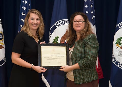 Mentor Rachel Cooke Receives The 2016 Foreign Service Outstanding Mentor Award and Poses with Deputy Secretary Heather Higginbottom