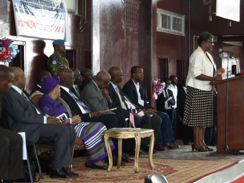 US Ambassador Thomas-Greenfield addresses the audience as President Johnson-Sirleaf and the other panel guests look on