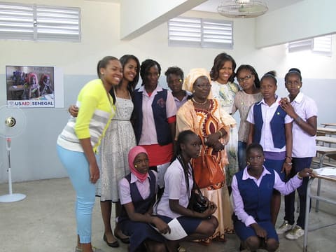 First Lady Michelle Obama and family with students from Martin Luther King School in Dakar Senegal