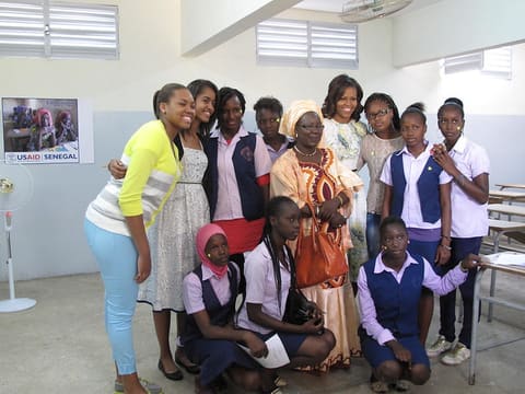 First Lady Michelle Obama and family with students from Martin Luther King School in Dakar Senegal