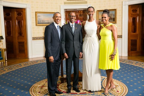 President Barack Obama and First Lady Michelle Obama greet His Excellency Paul Kagame, President of the Republic of Rwanda, and his daughter