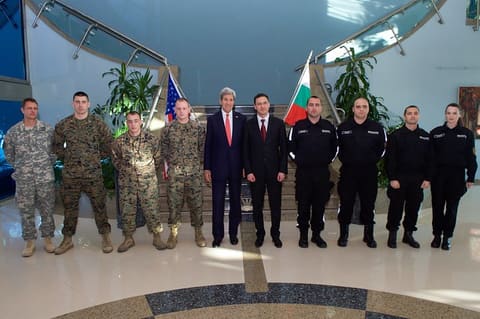 Secretary Kerry, Bulgarian Foreign Minister Mitov Pose With Members of U.S., Bulgarian Military Police Who Train Together