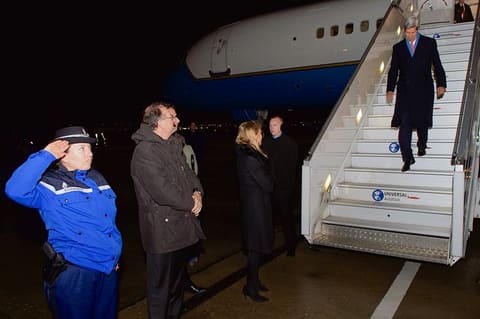 Ambassador Hartley, French Dignitaries Greet Secretary Kerry As He Arrives in Paris to Pay Homage to Shooting Victims