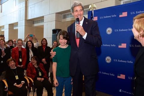 Secretary Kerry Shares Laugh With Child of Embassy Sofia Employee After She Asked What He Did